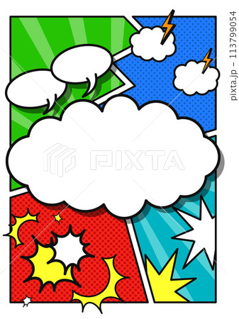 雲形の吹き出しとアメコミ風コマ割り背景フレーム 縦A4サイズ 雲形の吹き出しとアメコミ風コマ割り背景フレーム 縦A4サイズ 113799054
