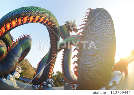 This Naga body is called Grandpa Phaya Sri Phet Khiri Mahamuni Srisutthonakarat Enshrined at Tham Chaeng Temple, it is a large and colorful Naga figure.  113799444