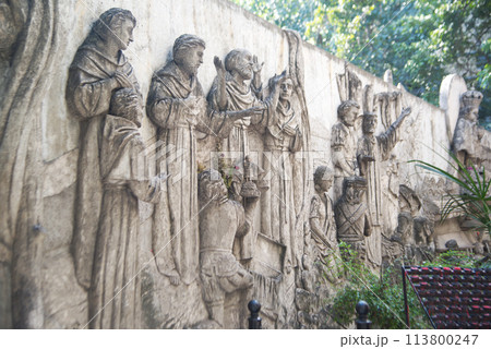 Stucco on the wall of Basilica Minore del Santo Nino, the oldest church in the Philippines. Built in 1565 by Spanish colonists. 113800247