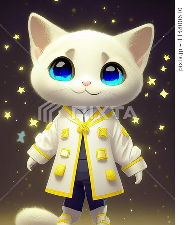 暗闇の光に包まれた和の正装の白猫たち 113800610