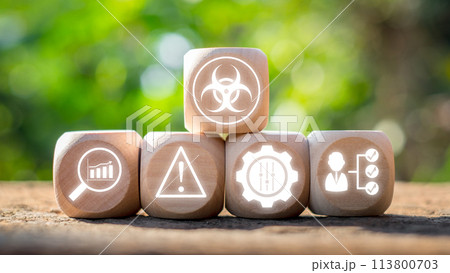 HACCP concept, Wooden block on desk with hazard, analysis, critical, control and points icon on virtual screen. HACCP concept, Wooden block on desk with hazard, analysis, critical, control and points icon on virtual screen. 113800703