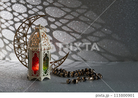 Ramadan and Eid al fitr concept. Traditional lantern, dates fruit, rosary beads 113800901