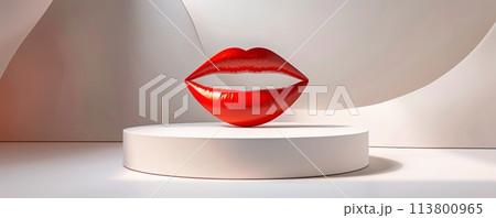 Surreal red lips sculpture on a pedestal with abstract background 113800965