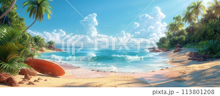Idyllic tropical beach with turquoise waters and lush greenery, featuring a surfboard on sandy shores 113801208