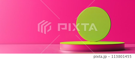 Bright neon green podium on a vivid pink background for minimalist presentation 113801455