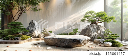 Serene Japanese garden design showcasing meticulous landscaping and nature harmony Serene Japanese garden design showcasing meticulous landscaping and nature harmony 113801457