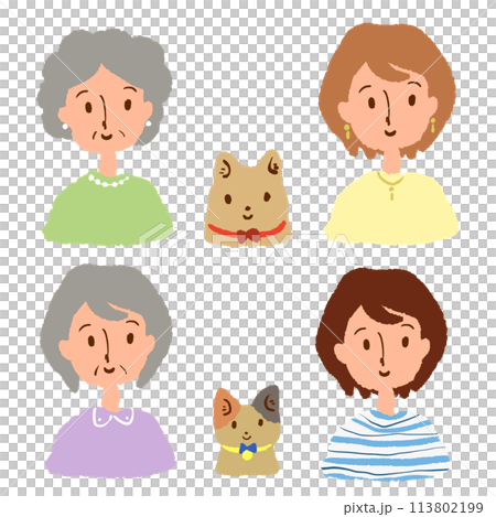 Illustration of a smiling woman with a pet 113802199