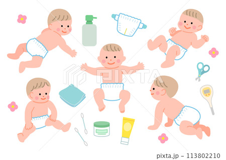 おむつをはいた赤ちゃんとスキンケア用品のイラストセット おむつをはいた赤ちゃんとスキンケア用品のイラストセット 113802210