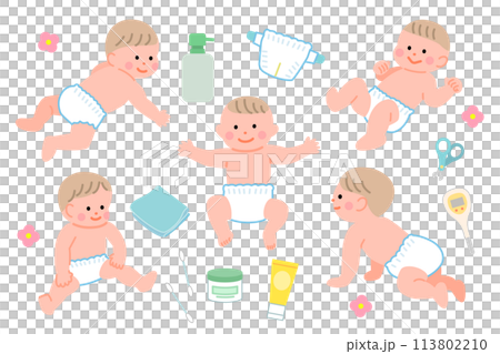おむつをはいた赤ちゃんとスキンケア用品のイラストセット おむつをはいた赤ちゃんとスキンケア用品のイラストセット 113802210