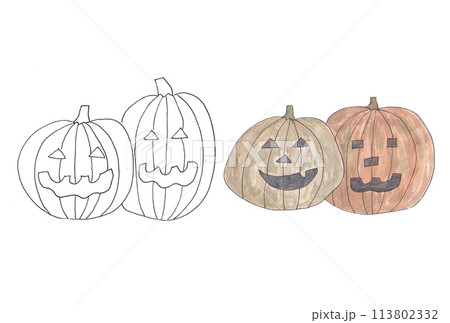 水性ペンと透明水彩絵具で描いたハロウィンのかぼちゃのオバケのイラストセット（線画と茶色） 113802332