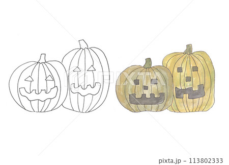 水性ペンと透明水彩絵具で描いたハロウィンのかぼちゃのオバケのイラストセット（線画と橙緑色） 113802333