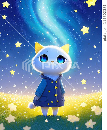 満点の星空を眺める猫 113802381