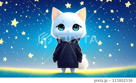 満点の星空を眺める猫 113802536