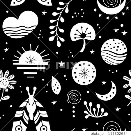 Seamless neo folk art vector pattern with butterfly, moth and flowers, black and white floral design. Neo folk style endless background perfect for textile design. 113802684