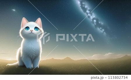 満点の星空を眺める猫 113802734