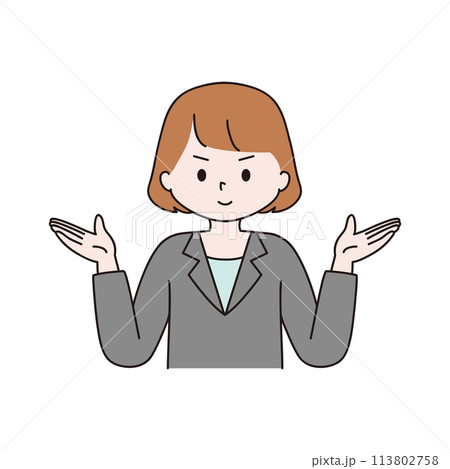 両手を広げるスーツ姿の女性のイラスト 113802758