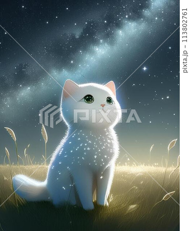 満点の星空を眺める猫 113802761