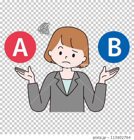 Illustration of a woman in a suit struggling with A and B 113802764