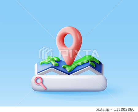 3D location folded paper map, search bar and pin 3D location folded paper map, search bar and pin 113802860