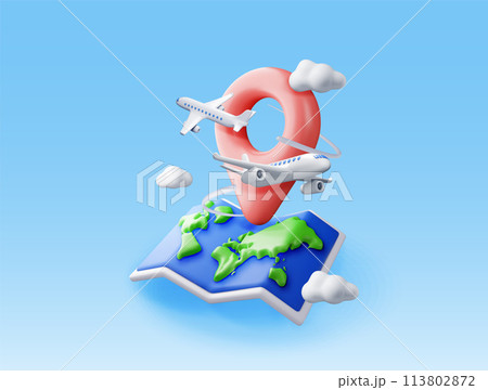 3D airplane in clouds and paper map 113802872