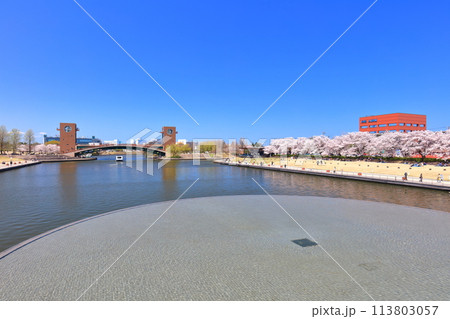 【富山県】快晴の富岩運河環水公園の水上バスと満開の桜 【富山県】快晴の富岩運河環水公園の水上バスと満開の桜 113803057