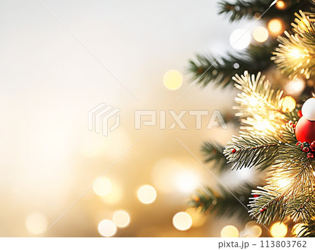 Abstract Christmas background with Christmas trees and bokeh, golden gradient. Merry Christmas Happy New Year banner 113803762