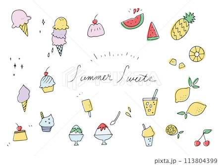夏のスイーツの線画のイラストセット 113804399