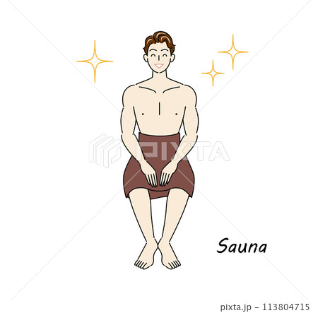 サウナで身も心もリフレッシュしてキラキラと輝いているサウナ好きの爽やかな男性 ととのう サウナ男子 サウナで身も心もリフレッシュしてキラキラと輝いているサウナ好きの爽やかな男性 ととのう サウナ男子 113804715