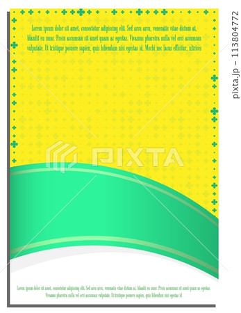 Vertical yellow white abstract background with green ribbon and four leaf clovers, cover, title page of presentation, report, album in A4 format. Template layout for design. Vector banner 113804772