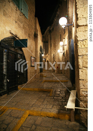View of night street in old city Jaffa, Israel 113804995