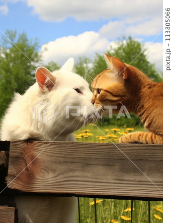 Two cats are nuzzling each other on a wooden fence 113805066