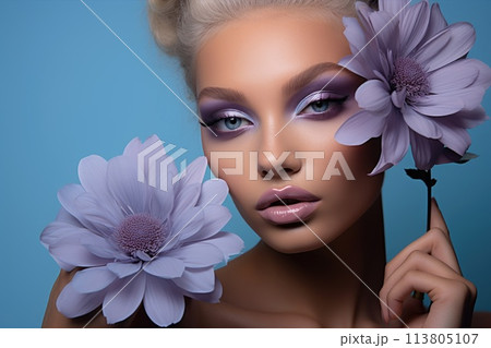 Pretty woman with bright makeup. Beautiful girl with flowers. Pretty woman with bright makeup. Beautiful girl with flowers. 113805107