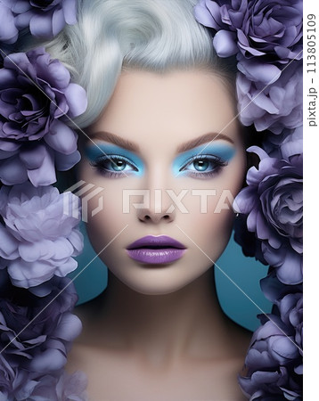 Pretty woman with bright makeup. Beautiful girl with flowers. Pretty woman with bright makeup. Beautiful girl with flowers. 113805109