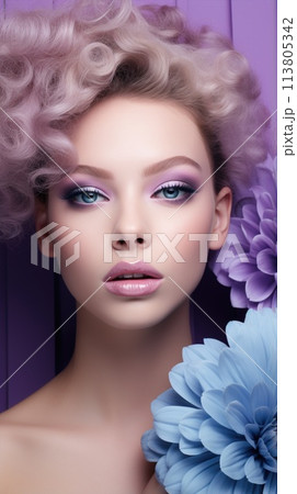 Pretty woman with bright makeup. Beautiful girl with flowers. Pretty woman with bright makeup. Beautiful girl with flowers. 113805342