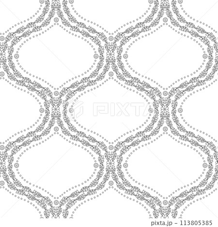 Seamless pattern with black linear floral ogee geometrical motifs on a white background Seamless pattern with black linear floral ogee geometrical motifs on a white background 113805385