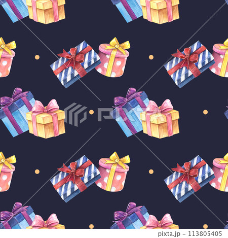 Present box pattern watercolor drawing seamless. Gift birthday anniversary holiday square round circle purple bow. Decoration ribbon isolated black background. Aquarelle party dots stripped sale shop Present box pattern watercolor drawing seamless. Gift birthday anniversary holiday square round circle purple bow. Decoration ribbon isolated black background. Aquarelle party dots stripped sale shop 113805405
