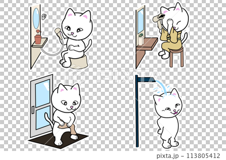 A white cat in a green yukata enjoying the large bath with a waterfall and shower A white cat in a green yukata enjoying the large bath with a waterfall and shower 113805412