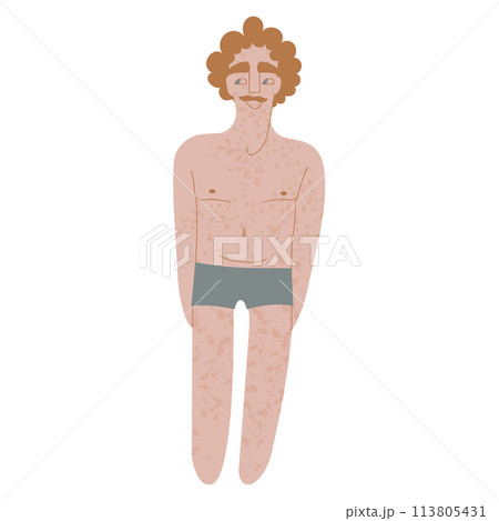 Flat Irish man in underwear. Pale ad freckled skin person with redhead in cartoon style for multinational and diversity designs. Vector illustration. Flat Irish man in underwear. Pale ad freckled skin person with redhead in cartoon style for multinational and diversity designs. Vector illustration. 113805431