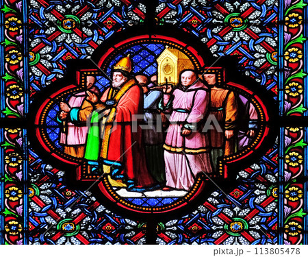 Transfer  of Saint Remi relics, stained glass window in the Basilica of Saint Clotilde in Paris, France 113805478