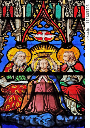 Coronation of the Virgin Mary, stained glass windows in the Saint Eugene - Saint Cecilia Church, Paris, France 113805598