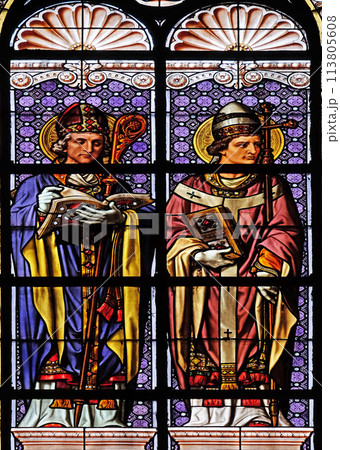 Saint Fulgentius and Saint Leo, stained glass window in the Saint Augustine church in Paris, France Saint Fulgentius and Saint Leo, stained glass window in the Saint Augustine church in Paris, France 113805608