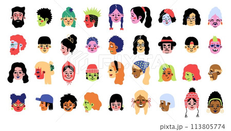Abstract profile portraits. Funny characters, men and women in full face and profile, comic emotions, contemporary person, social media icon, cartoon doodle isolated tidy vector set 113805774