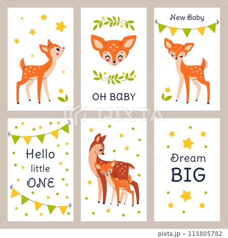 Cute new baby shower fawn. Funny animals, greeting cards, nursery prints and childish textile decor. Welcome little one posters, forest fauna characters, mom and kid deers, cartoon vector set Cute new baby shower fawn. Funny animals, greeting cards, nursery prints and childish textile decor. Welcome little one posters, forest fauna characters, mom and kid deers, cartoon vector set 113805782