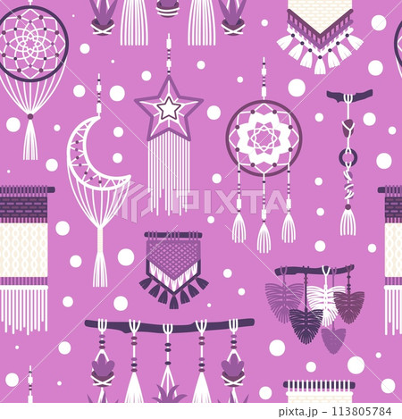Dream catchers boho seamless pattern. Braided hanging ornaments for home, hanging macrame elements, cozy room. Decor textile, wrapping paper, wallpaper. Print for fabric tidy vector background Dream catchers boho seamless pattern. Braided hanging ornaments for home, hanging macrame elements, cozy room. Decor textile, wrapping paper, wallpaper. Print for fabric tidy vector background 113805784