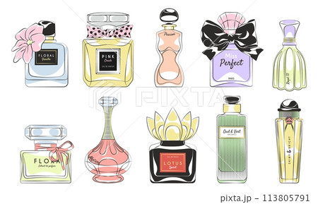 Perfume products. Designer glass bottles and flasks with toilet water, scented cologne, glass packages, pumps and sprayers, glamour container, aroma liquid, tidy vector aromatic cosmetic set 113805791