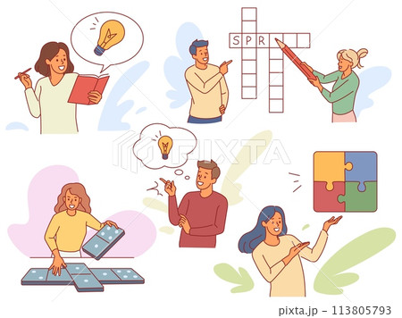 Quiet home hobbies. Thoughtful people solve crosswords, dominoes and puzzles, logical thinking, brain training games, knowledge and education concept, cartoon flat isolated vector set 113805793