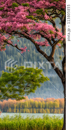Sunny summer landscape embracing minimalism, vast open fields under a clear blue sky Sunny summer landscape embracing minimalism, vast open fields under a clear blue sky 113805855