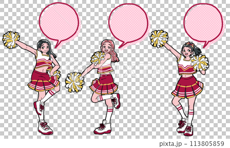 笑顔でポーズをとるチアガールのふきだしセット 笑顔でポーズをとるチアガールのふきだしセット 113805859