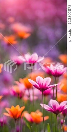 Spring flowers emerging gently, a burst of life in a minimalist landscape. Softly out of focus, lending an ethereal charm Spring flowers emerging gently, a burst of life in a minimalist landscape. Softly out of focus, lending an ethereal charm 113805872