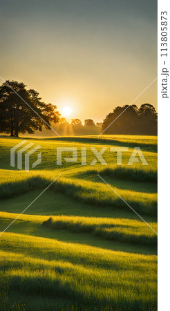 A summer landscape with a blazing sun casting long shadows, a minimalistic composition with few elements A summer landscape with a blazing sun casting long shadows, a minimalistic composition with few elements 113805873